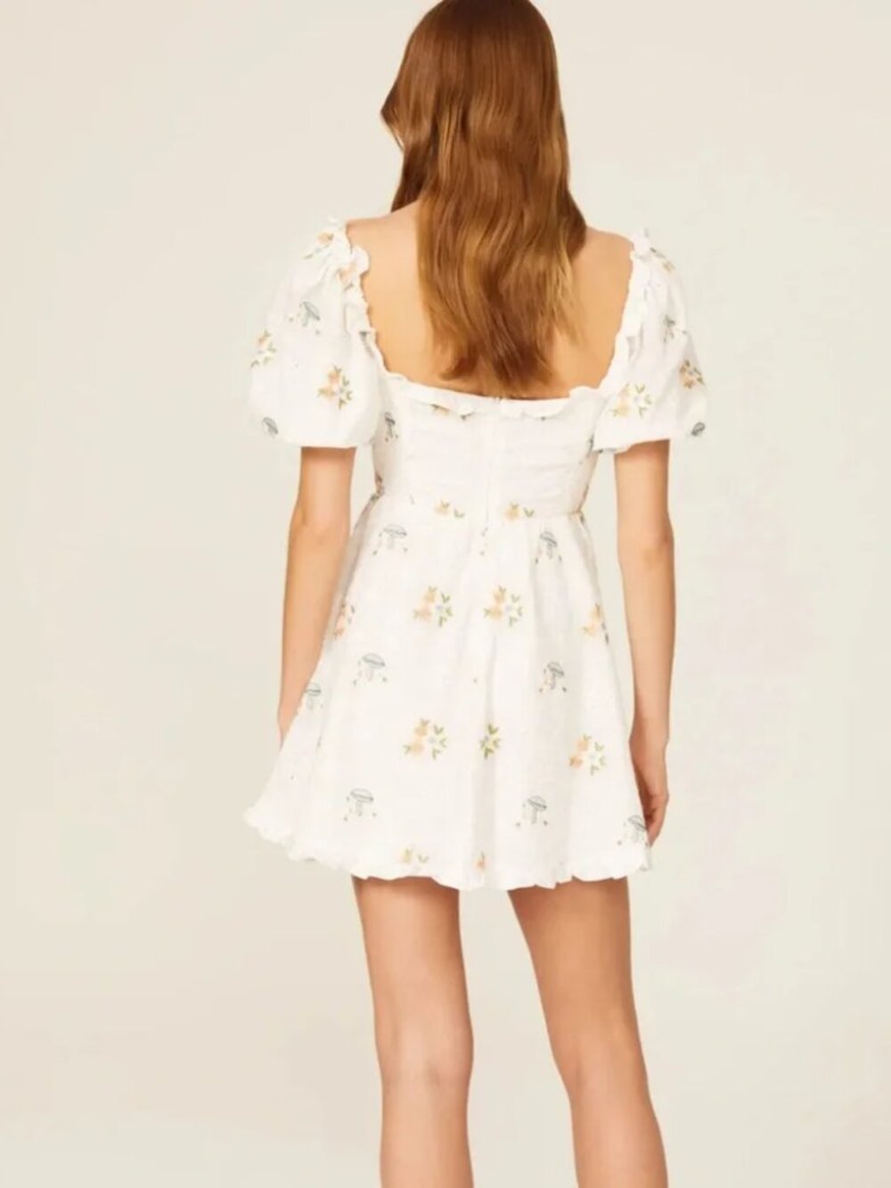 For Love and Lemons Yolanda Mini Dress White Eyelet Mushroom Print Puff Sleeve L - Picture 5 of 12